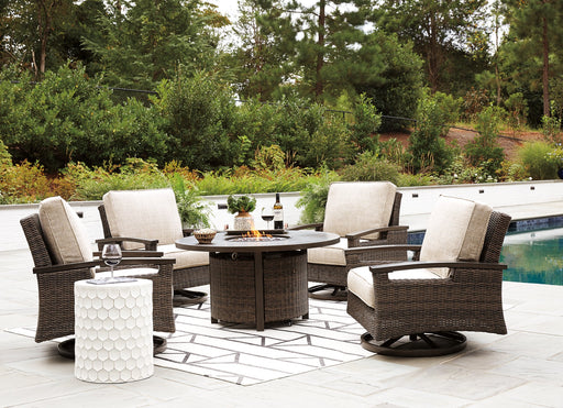 Paradise Trail Paradise Trail Fire Pit Table with 4 Nuvella Swivel Lounge Chairs - Barr’s Furniture (Riverside CA)